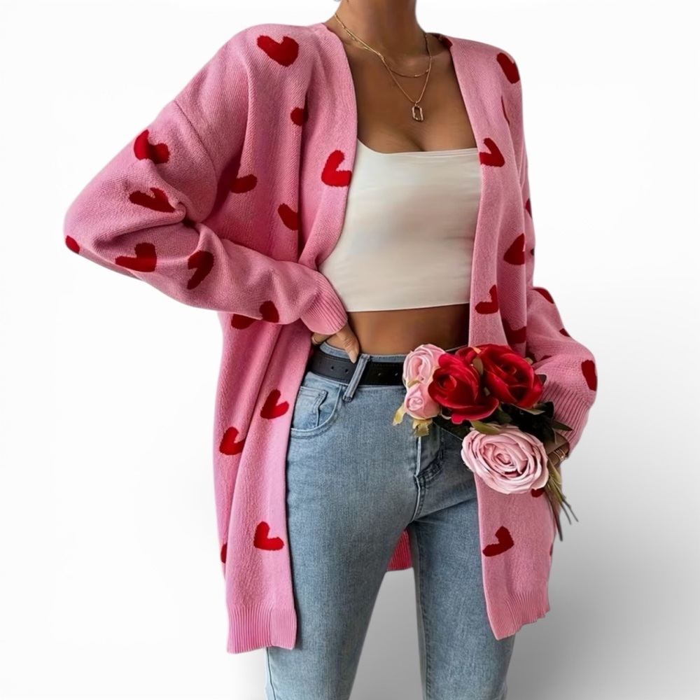 Pink Heart Print Open Cardigan - Picture 3 of 3